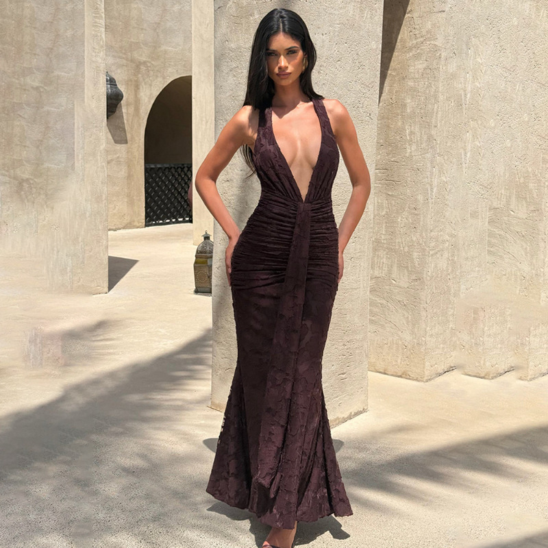 Linen Dress Wrap - Seksi Derin V Yaka Sırtı Açık