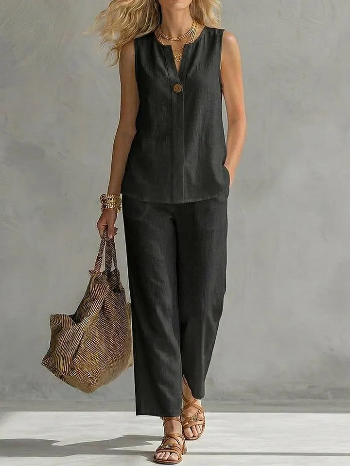 Tek Düğmeli Kolsuz Keten 2 Par - Linen Pant Wide incelemesi ve fiyatı